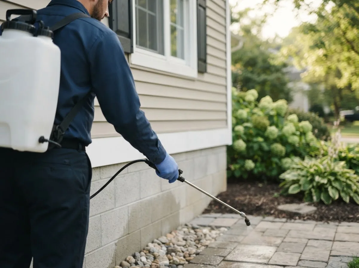 Pest control technician inspecting a home in Bascom, OH